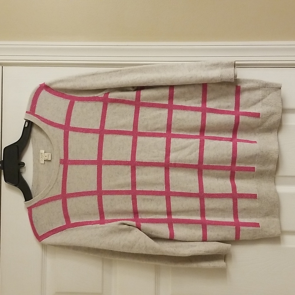 J. Crew heather gray sweater with sparkly pink stripes. Size medium